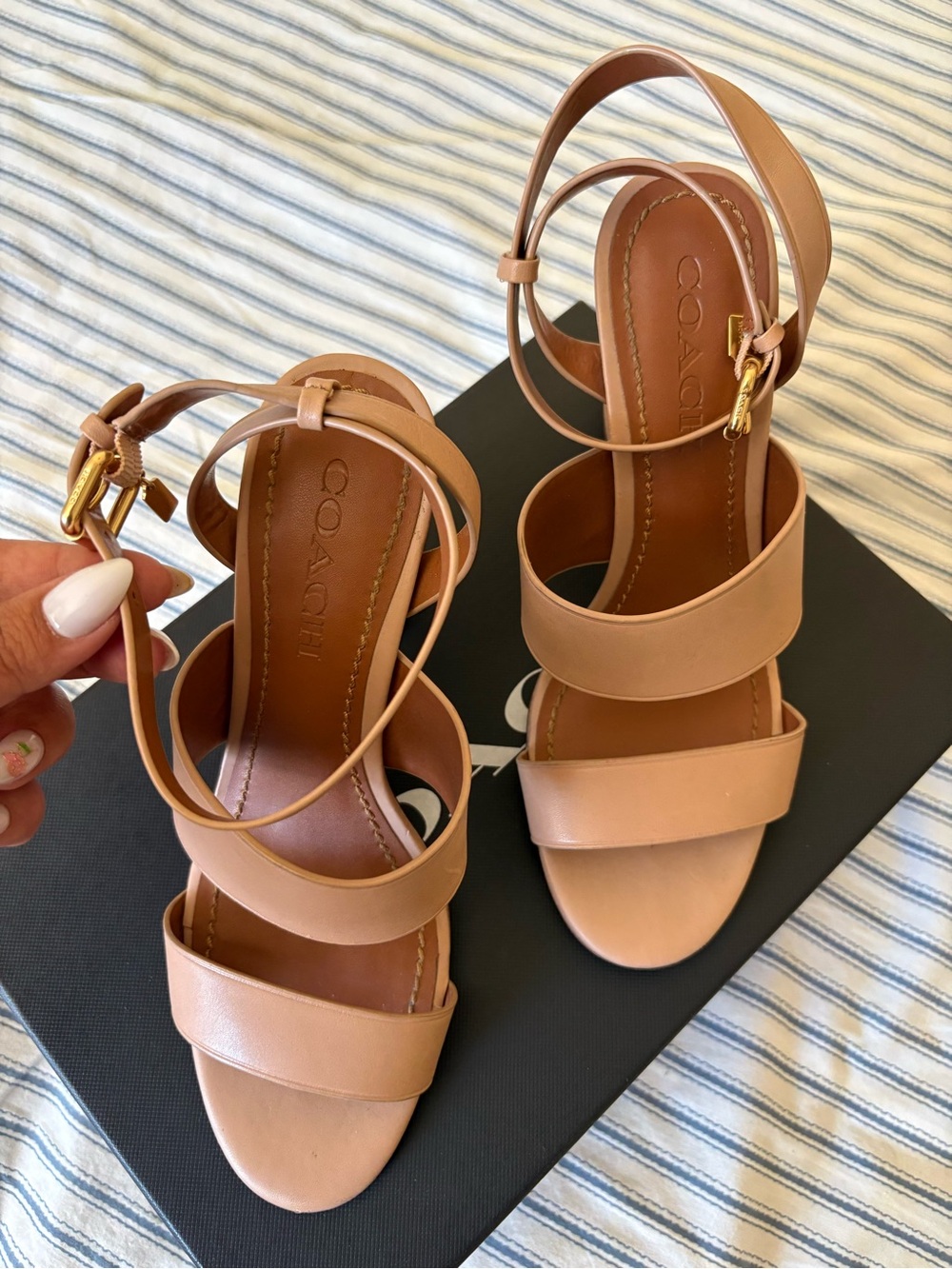 COACH Tan Leather Strappy Women’s Thick Heels
